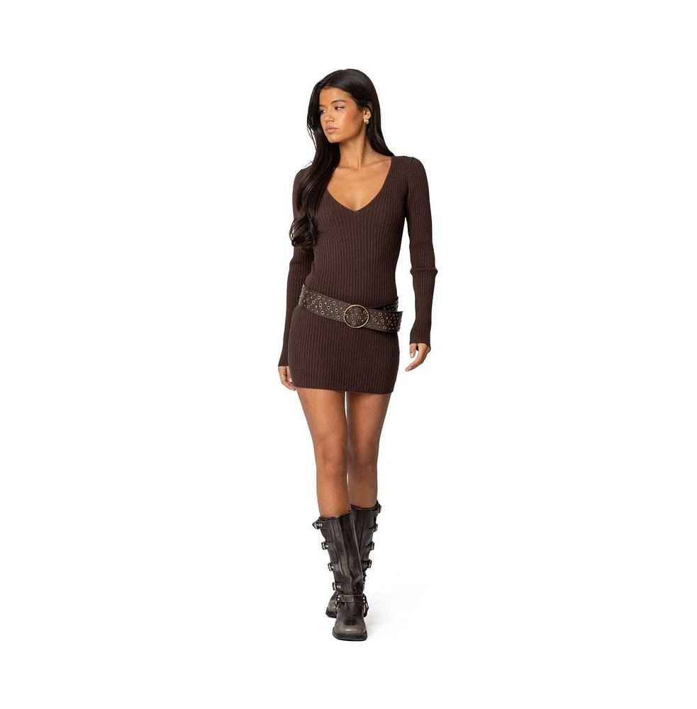 Edikted Womens Ribbed Knit V Neck Mini Dress