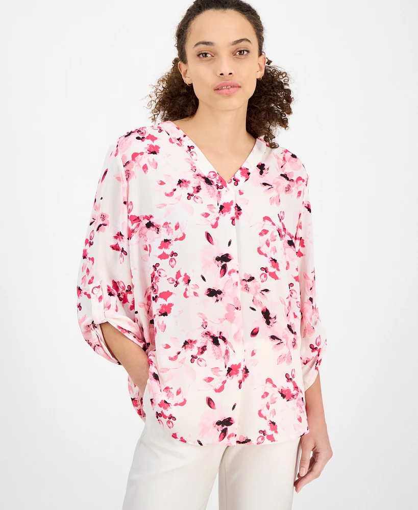 Ak Anne Klein Petite Floral-Print V-Neck Roll-Tab Tunic