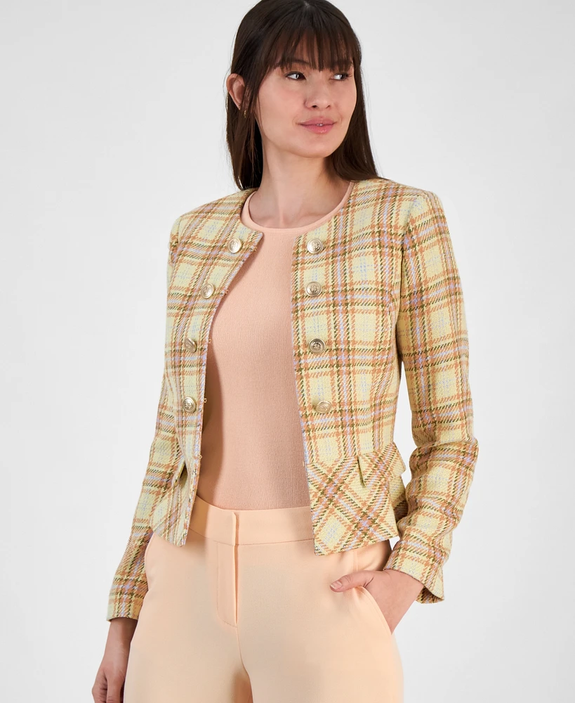 Tahari Asl Women's Boucle Plaid Peplum Cropped Jacket