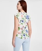 Tahari Asl Women's Ruffled-Front Floral V-Neck Top, Regular & Petite