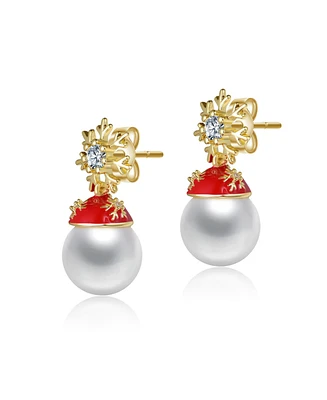 14K Gold Plated with White Pearl & Clear Cubic Zirconia Snowflake and Santa Hat Drop Earrings