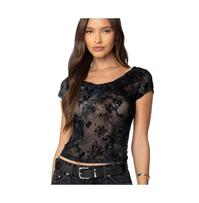 Edikted Womens Lacey Mesh Cowl Neck Top