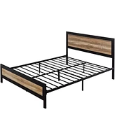 Slickblue Industrial Metal Wood Rivet Platform Bed Frame with Headboard and Footboard