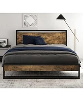 Slickblue Metal Wood Platform Bed Frame with Industrial Headboard