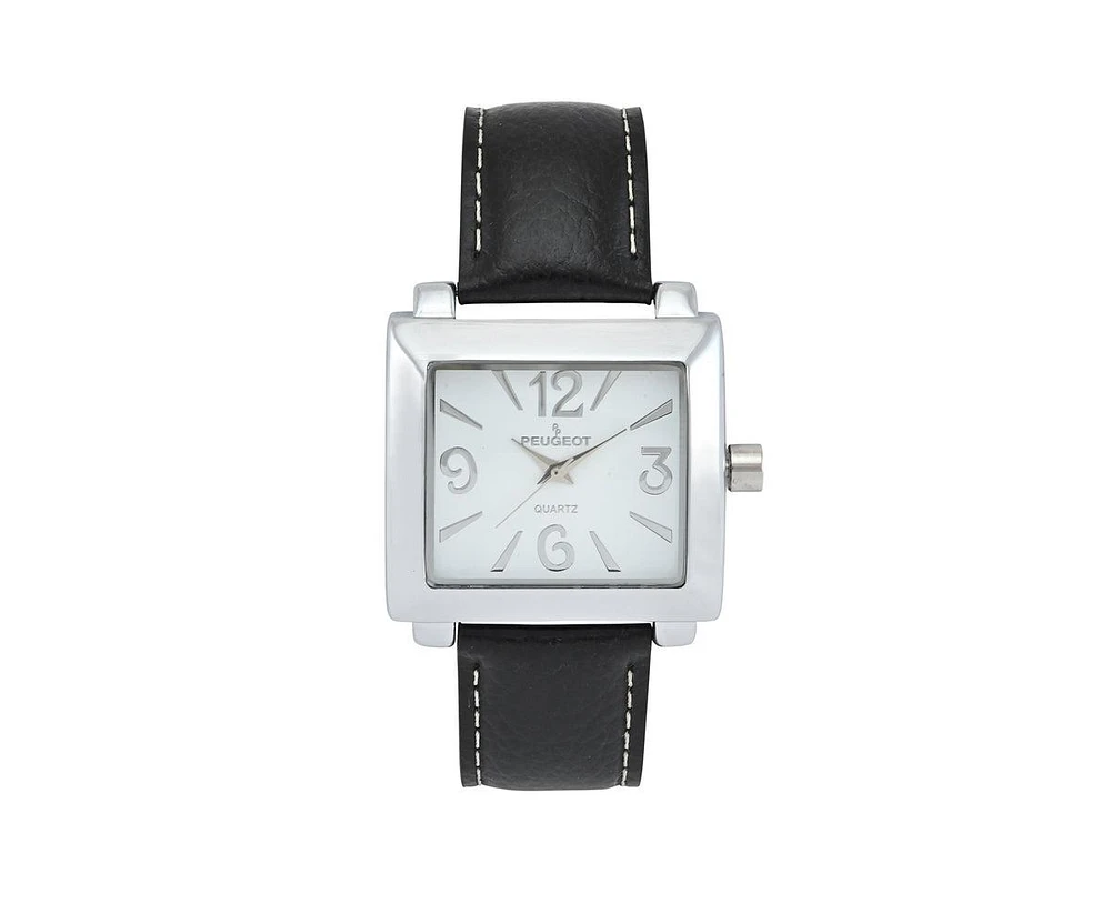 Peugeot Women's Square 35x40mm Easy Read Big Face Watch with Leather Band