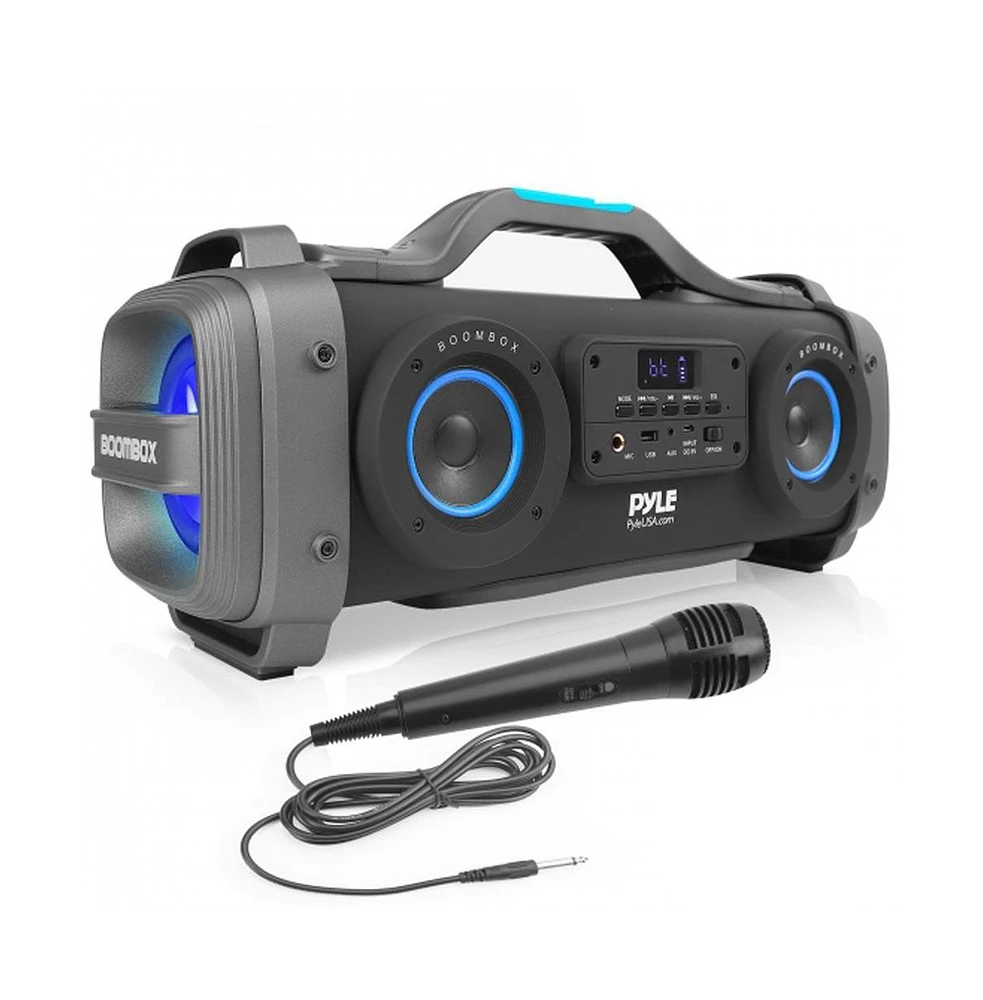 Pyle Portable Bluetooth Speaker with Karaoke, Fm Radio, Rgb Lights, and Rechargeable Battery