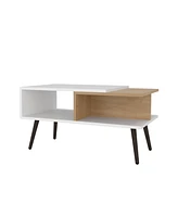 Fm Furniture Hack Berry Coffee Table with Open Storage and Conical Legs , White + Natural Oak