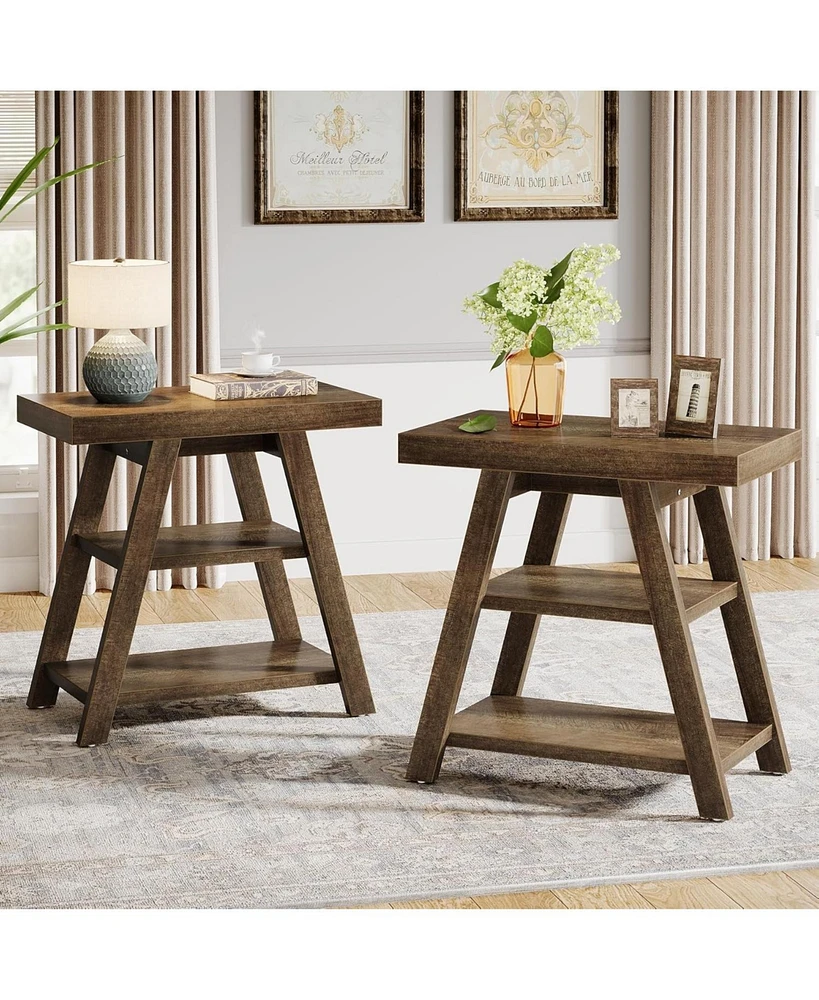 Tribesigns Set of 2 End Table for Living Room, 3-Tier Narrow Side Table with Storage Shelf, 2 Pack Farmhouse Small Wood End Table for Small Spaces, In