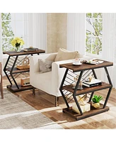 Tribesigns End Table Set of 2, Industrial Side Table with 3 Storage Shelves, Wood Sofa Side Table with Geometric Metal Frame, Bedside Table for Living