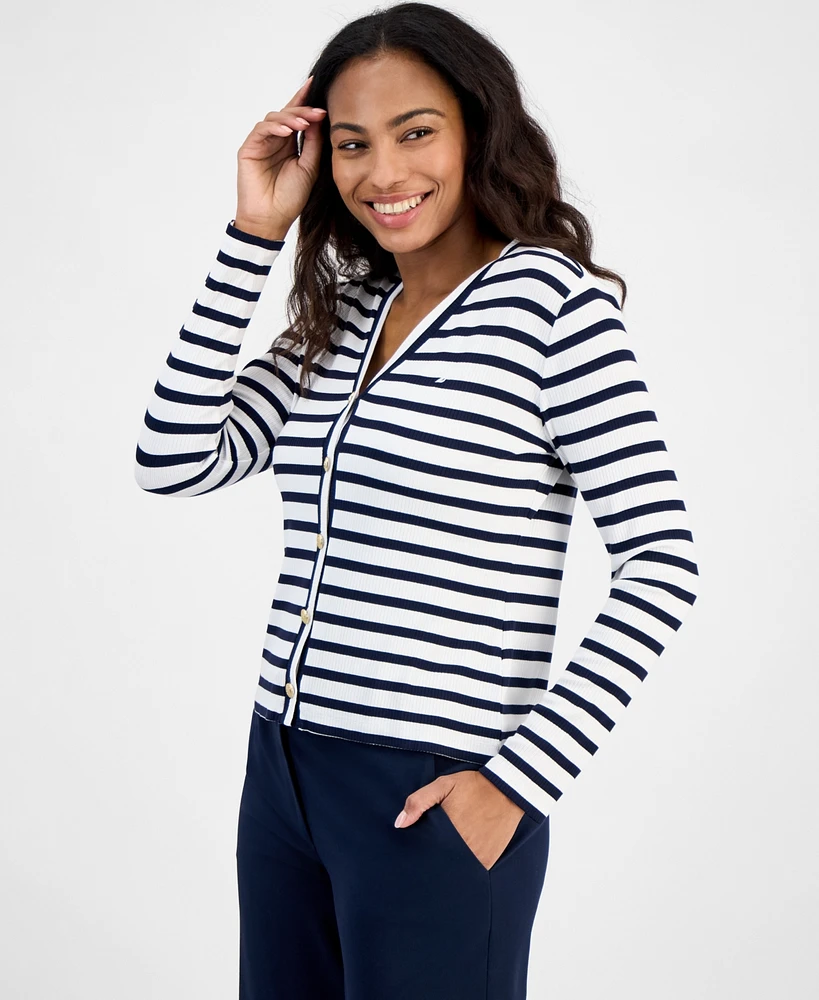 Nautica Jeans Women's Striped V-Neck Cardigan Sweater