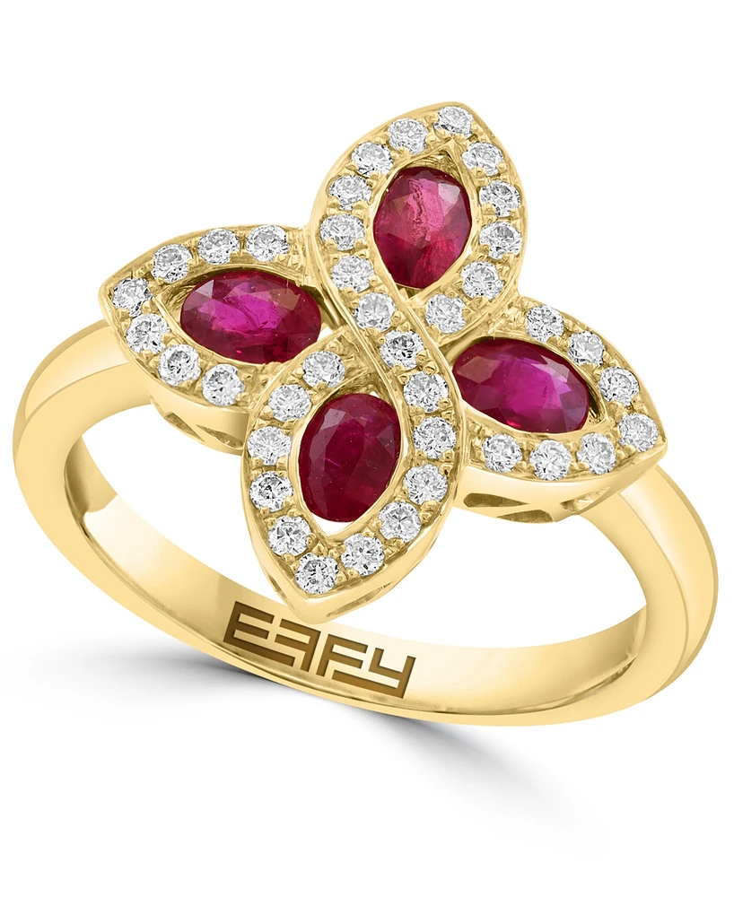 Effy Collection Diamond (1/4 ct. t.w.) & Ruby (7/8 ct. t.w.) Floral Ring in 14k Gold