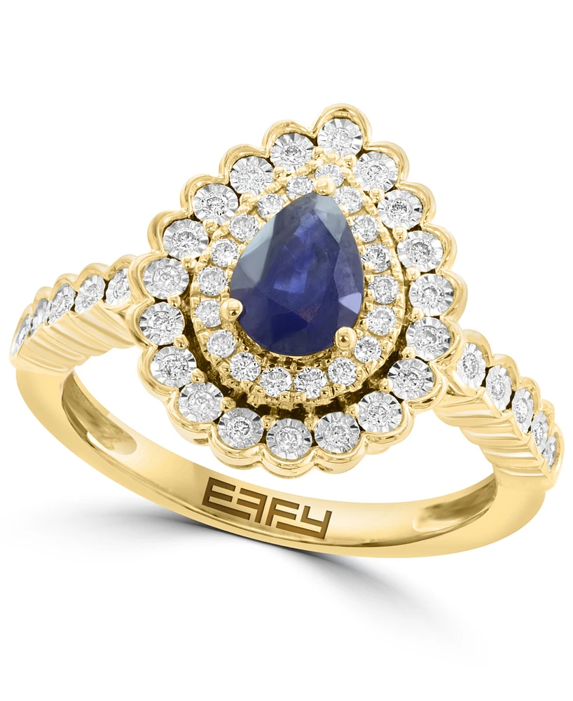 Effy Collection Diamond (1/4 ct. t.w.) & Sapphire (5/8 ct. t.w.) Pear Shaped Ring in 14k Two Tone Gold