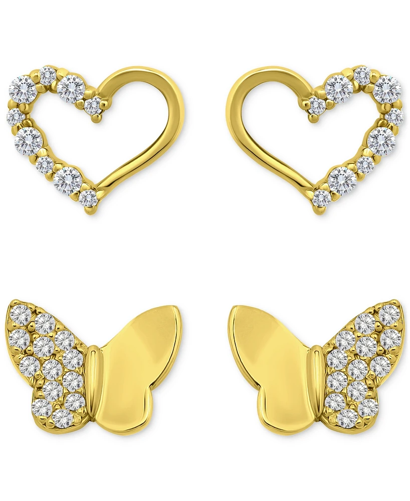 Giani Bernini Cubic Zirconia Heart & Butterfly 2-Pc. Set Stud Earrings (1 ct. t.w.) 18k Gold over Sterling Silver, Exclusively at Macy's