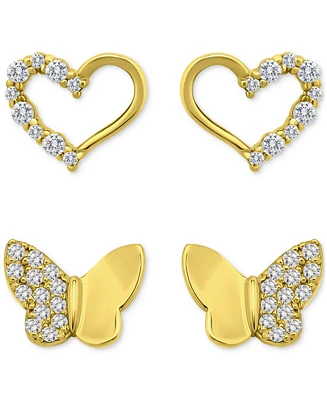 Giani Bernini Cubic Zirconia Heart & Butterfly 2-Pc. Set Stud Earrings (1 ct. t.w.) 18k Gold over Sterling Silver, Exclusively at Macy's