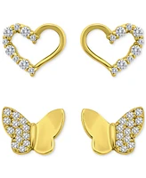 Giani Bernini Cubic Zirconia Heart & Butterfly 2-Pc. Set Stud Earrings (1 ct. t.w.) 18k Gold over Sterling Silver, Exclusively at Macy's