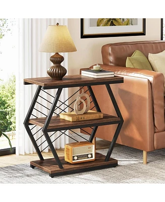 Tribesigns End Table, Industrial Side Table with 3 Storage Shelves, Wood Sofa Side Table with Geometric Metal Frame, Bedside Table for Living Room, Be