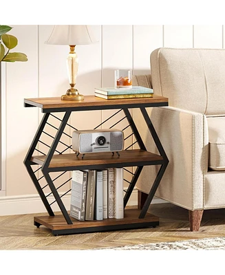 Tribesigns End Table, Industrial Side Table with 3 Storage Shelves, Wood Sofa Side Table with Geometric Metal Frame, Bedside Table for Living Room, Be