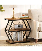 Tribesigns End Table, Industrial Side Table with 3 Storage Shelves, Wood Sofa Geometric Metal Frame, Bedside for Living Room, Be