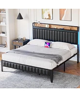 gaomon Bed Frame with Charging Station, Led Bed Frame with Storage Headboard
