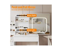 gaomon Vanity Desk with Sliding Mirror and Led Lights, Vanity Table with Power Outlet, Bedroom Makeup Table with 4 Drawers