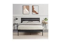 Slickblue Industrial Platform Bed Frame with Wood Slatted Headboard for Modern Bedroom Decor