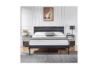 Slickblue Industrial Platform Bed Frame with Wood Slatted Headboard for Modern Bedroom Decor