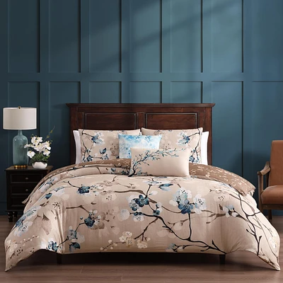 Bebejan Blue Blossom Bedding 200 Thread Count 100% Cotton Sateen 5 Piece Queen Size Reversible Comforter Set