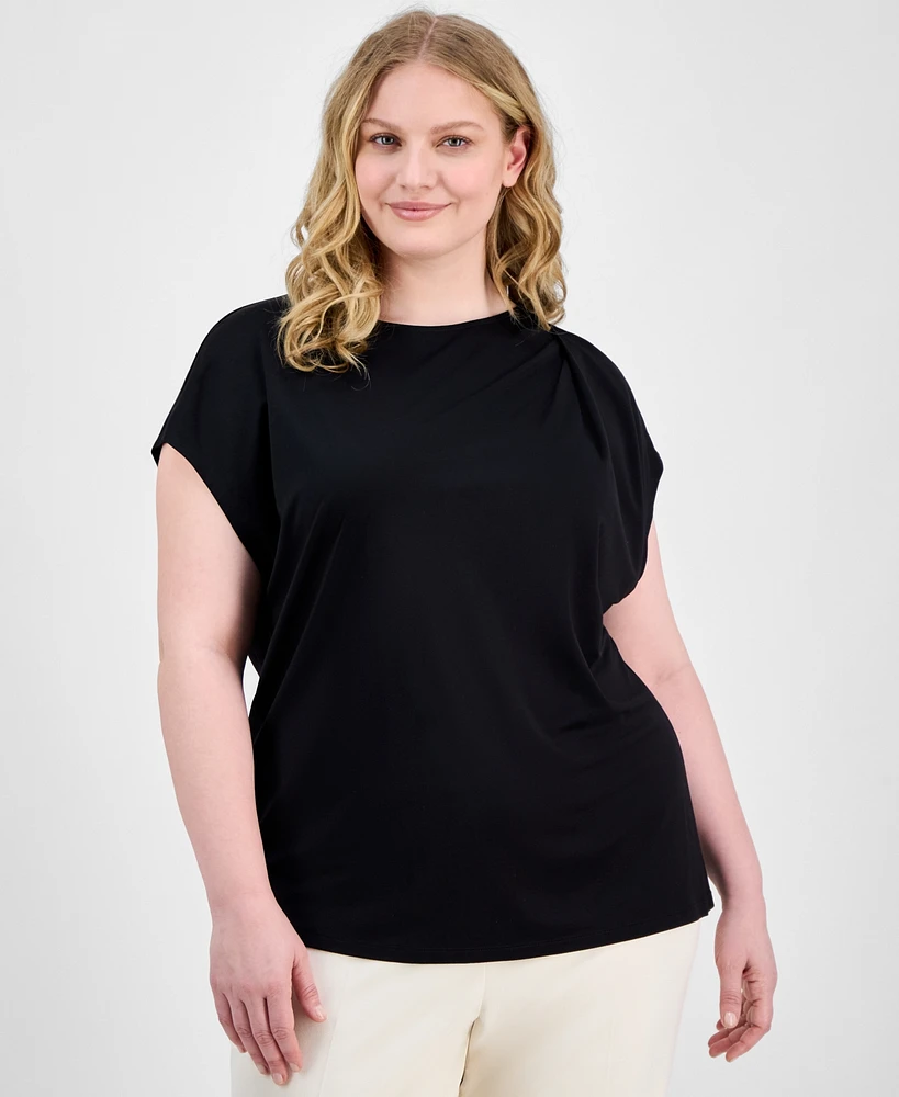 Anne Klein Plus Pleat-Neck Short-Sleeve Blouse