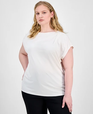 Anne Klein Plus Pleat-Neck Short-Sleeve Blouse