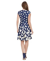 London Times Women's Printed Cap-Sleeve Fit & Flare Dress