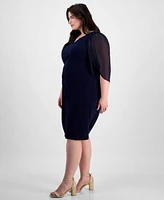 Connected Plus Sheer-Sleeve Chain-Detail Sheath Dress