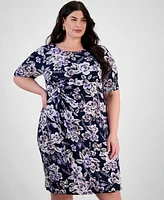 Connected Plus Size Printed Short-Sleeve Faux-Wrap Sheath Dress