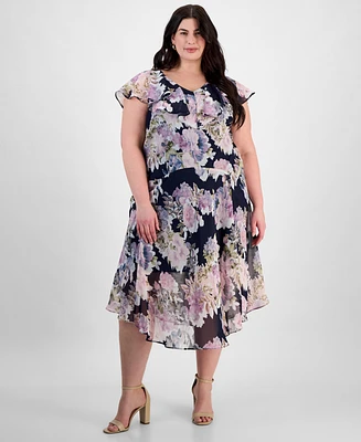 Connected Plus Printed Ruffled Flutter-Sleeve Midi Dress