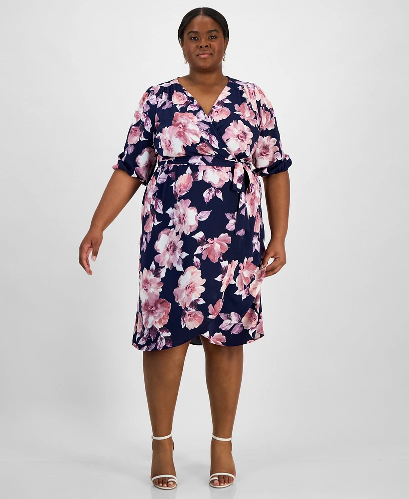 Connected Plus Size Printed Blouson-Sleeve Faux-Wrap Midi Dress