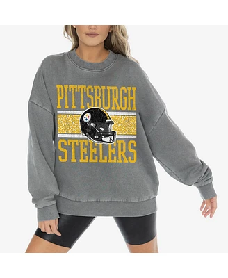 Gameday Couture Women's Gray Pittsburgh Steelers Vintage Wash Oversized Crewneck Fleece Pullover