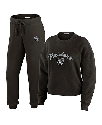 Wear by Erin Andrews Women's Cream Las Vegas Raiders Knitted Tri-Blend Long Sleeve T-Shirt Pants Lounge Set