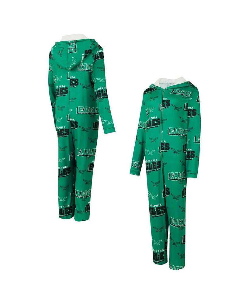 Concepts Sport Women's Kelly Green Philadelphia Eagles Throwback Roadway Allover Print Microfleece Full-Zip Union Suit