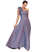 Xscape Petite One-Shoulder Ruffled Glitter Gown