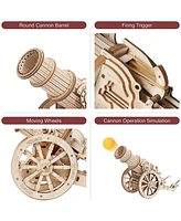 Robotime 3D Wooden Puzzle 158 Pieces Diy Model Toys Medieval Wheeled Cannon Brain Teaser, Beige, 12.6"5.1"8.3"