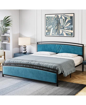 gaomon Velvet Upholstered Bed Frame with Arc Design Headboard and Footboard