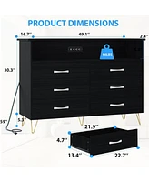 gaomon Dresser Black Large for Bedroom with Power Outlet and Led Lights Storage Cabinet 6 Drawers 2 Open Shelves Living Room,