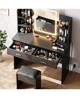 gaomon Vanity Desk with Mirror and Lights, Makeup Vanity Set w/Desk and Stool