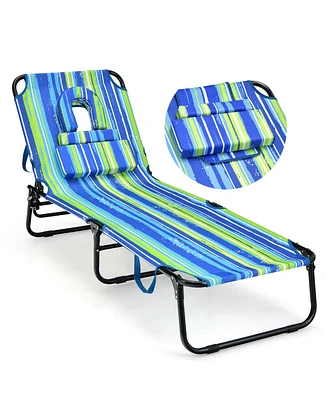 Gymax 5-Position Lounge Chair Adjustable Beach Chaise w/ Face Cavity & Pillows