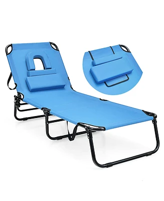 Gymax 5-Position Lounge Chair Adjustable Beach Chaise w/ Face Cavity & Pillows