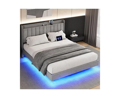 gaomon Full Size Floating Bed Frame with Led Lights, Upholstered Platform Full Bed Frame with Charging Station & Storage Headboard