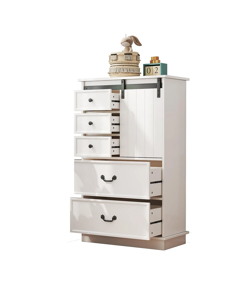 Boyel Living 51'' Farmhouse Drawer Chest with Sliding Door, Multi-Storage Drawer Dresser with 5 Drawers and Storage Shelf, Tall Chest of Drawers with