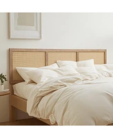LuxenHome Natural Finish Rubberwood with Rattan Panels Headboard