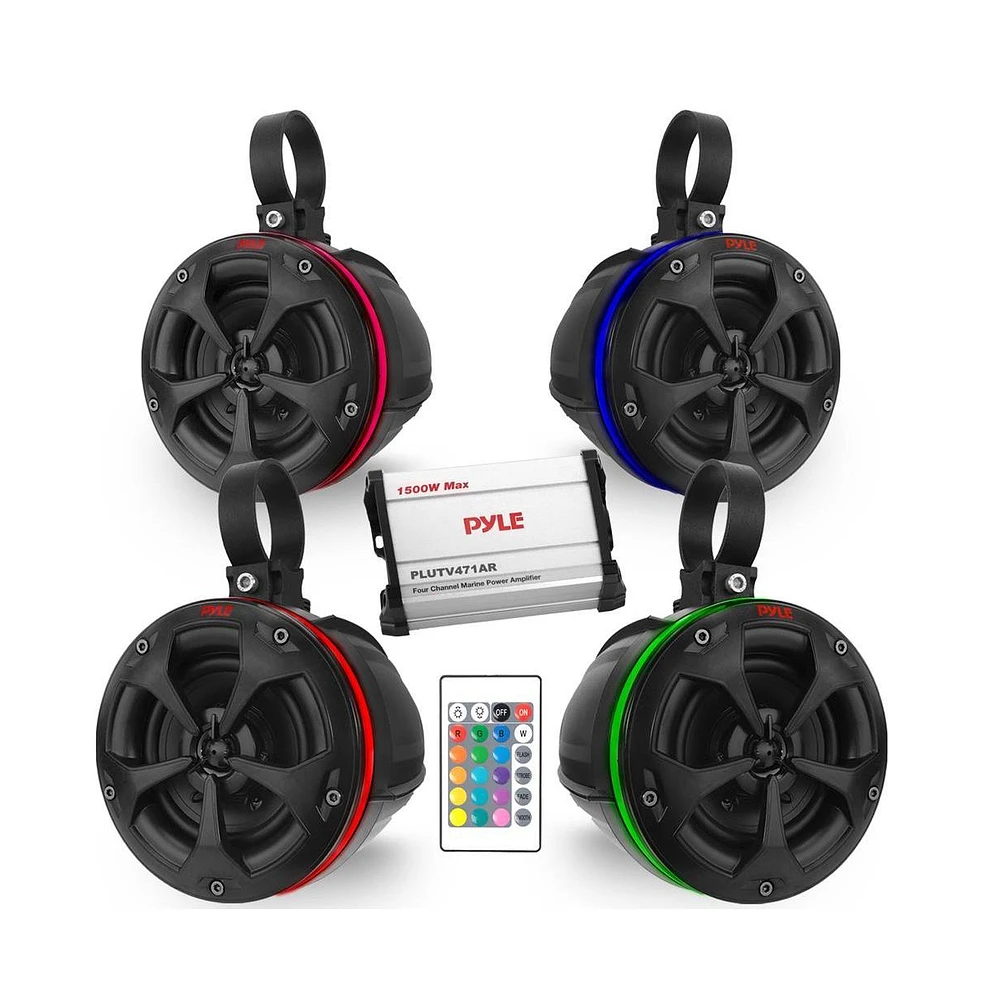 Pyle 4” Waterproof Off-Road Speakers with Rgb Lights & 4-Channel Amplifier, 800W (2 Pairs)