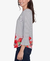 Ruby Rd. Petite Poppy Embroidered Stripe Knit Three Quarter Sleeve T-Shirt