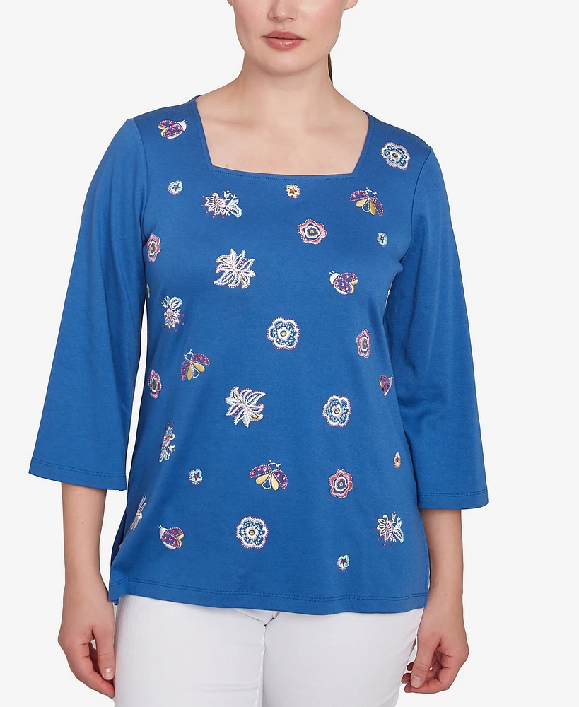 Ruby Rd. Petite Embroidered Scattered Floral Three Quarter Sleeve T-Shirt